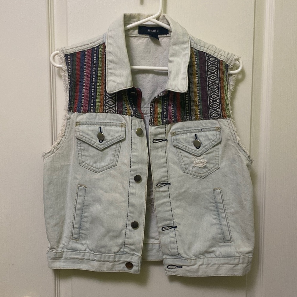 Distressed Forever 21 Jean Washed Vest with Colourful Fabric